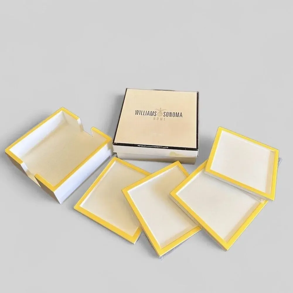 Williams Sonoma Coaster Set Of 4 Square White W/Yellow Trim Open Box